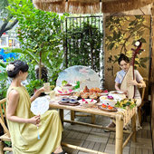 长桌竹桌椅农庄营地民宿网红小院庭院餐桌新中式 竹藤椅子茶桌组合