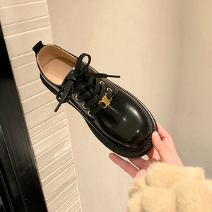 羊皮版~真皮英伦风圆头乐福鞋女小金扣学院风真皮厚底小皮鞋单鞋