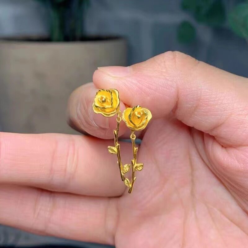 越南沙金玫瑰花耳钉黄铜镀玫瑰花戒指项链套装时尚女款首饰批发