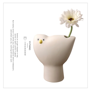 简约创意卡通侘寂风送朋友家居卧室桌面中古呆呆鸟花器装饰摆件