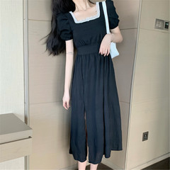 Real photo real price retro temperament red square collar Plaid French dress female summer