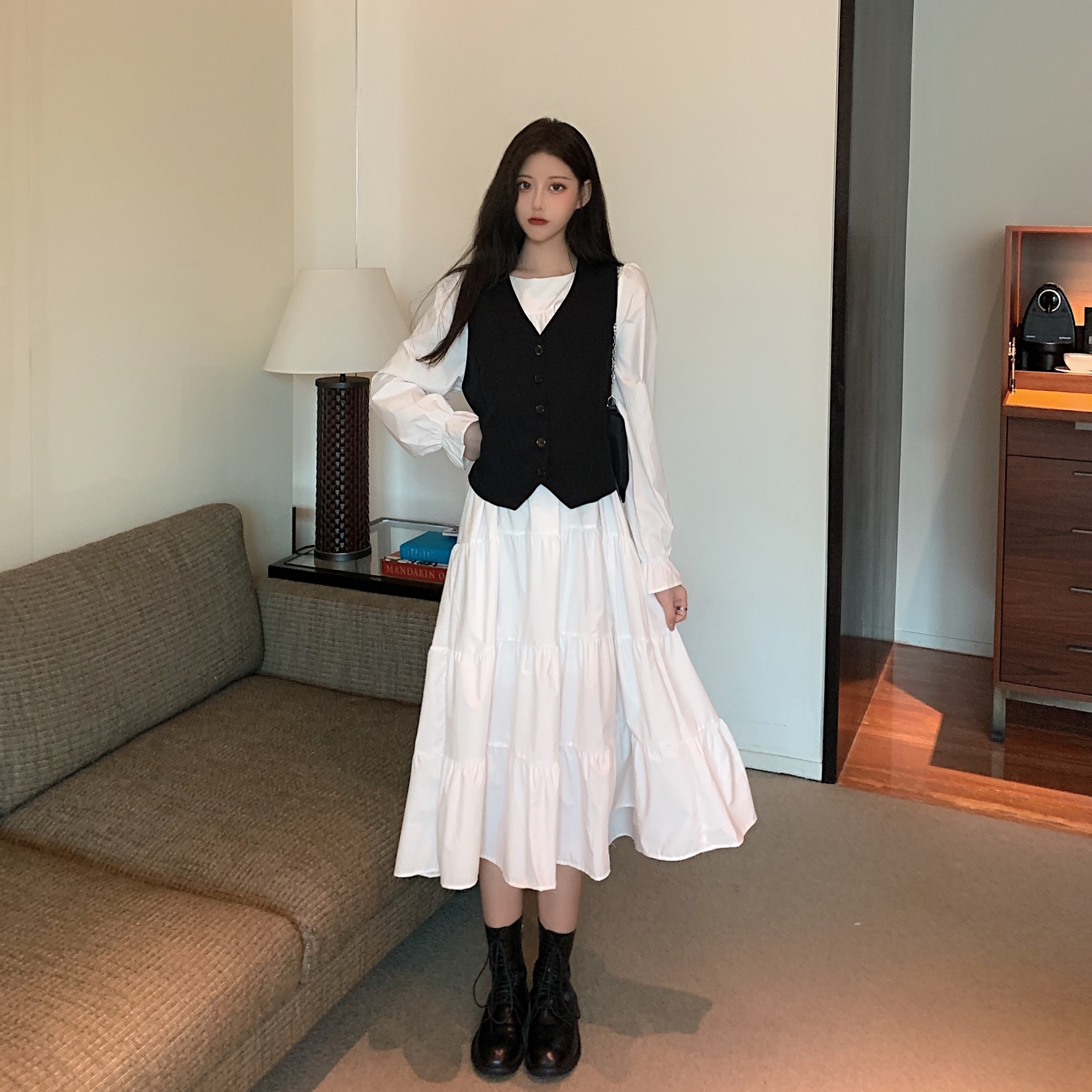 Real price autumn vintage white long sleeve dress long skirt + short vest two piece set