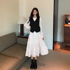 Real price autumn vintage white long sleeve dress long skirt + short vest two piece set