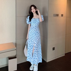 Real price French retro niche bubble sleeve floral dress one shoulder split dress