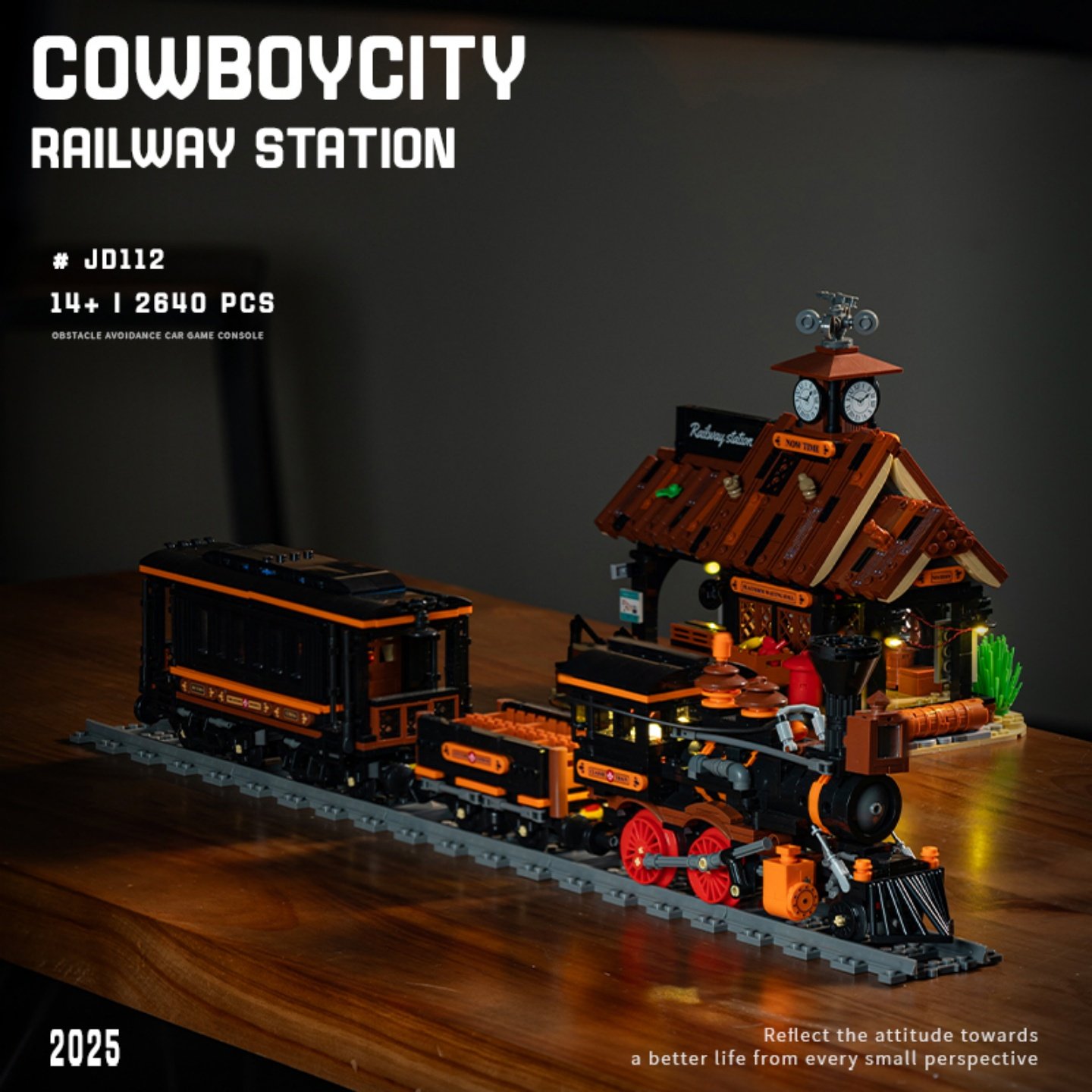 西部风牛仔城火车站月台街景建筑模型拼装积木儿童益智玩具带灯光