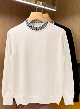 欧洲站潮流衣服男修身针织衫秋冬新款轻奢复古拼接螺纹圆领毛衣男