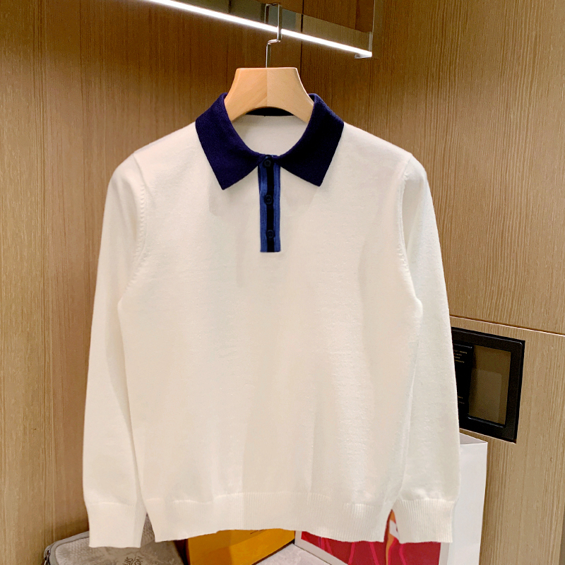 秋冬长袖休闲拼色领子针织衫时尚