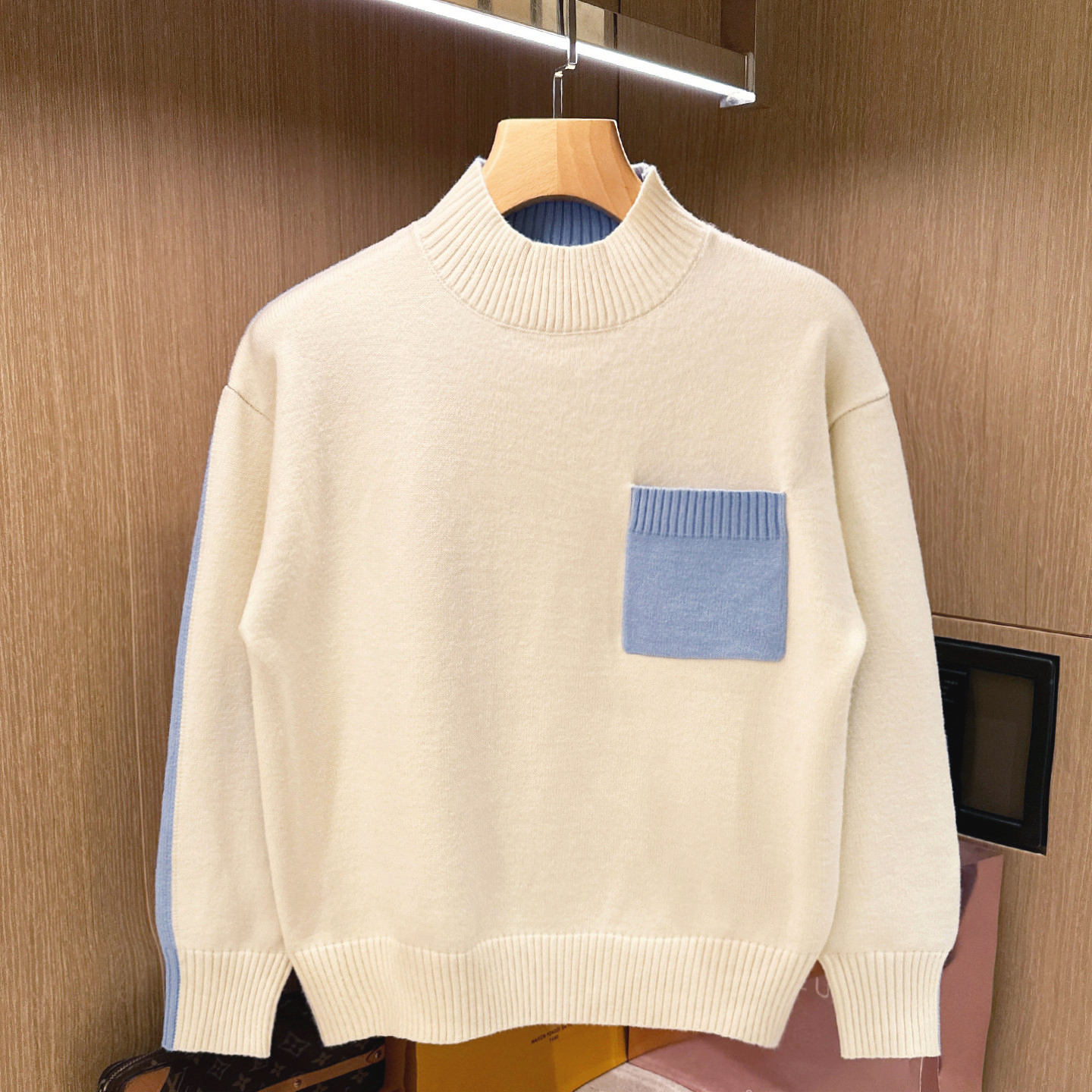 套头针织半高领拼色毛衣休闲复古