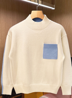 美式复古休闲半高领上衣保暖针织衫男冬季新款时尚高级拼色毛衣男