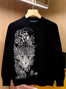 欧洲站潮流独特猎豹提花针织衫男款高级黑色保暖上衣毛衣男款秋冬