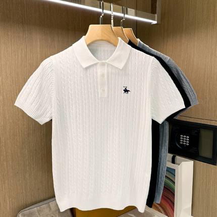 老钱风男装时尚复古针织短袖男夏新款高级纯色翻领修身男士polo衫