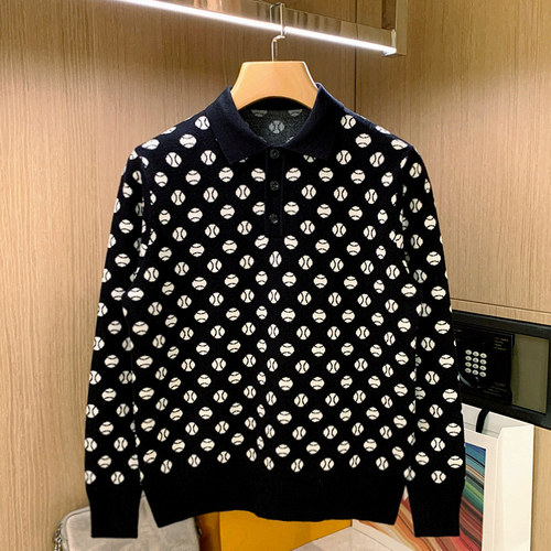 秋冬长袖复古黑白提花长袖polo衫