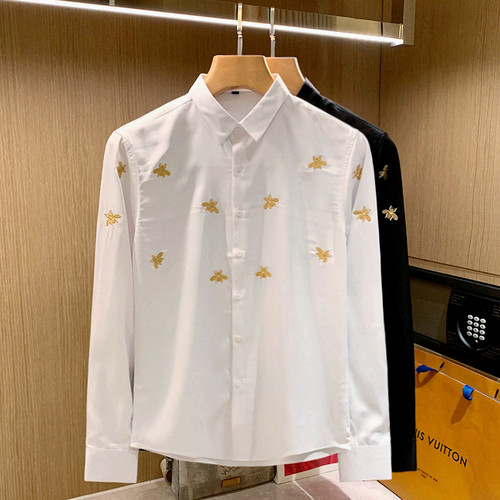 尖领长袖商务小蜜蜂刺绣衬衫轻奢