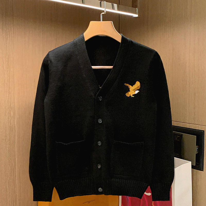 开衫针织衫V领老鹰刺绣毛衣潮流