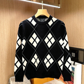 欧洲站潮流复古黑色毛衣男款 撞色菱格提花针织衫 秋冬新款 休闲男式