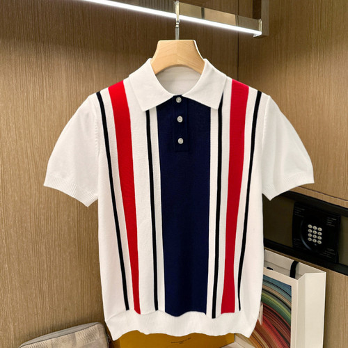 夏季短袖法式条纹拼色polo衫奢华