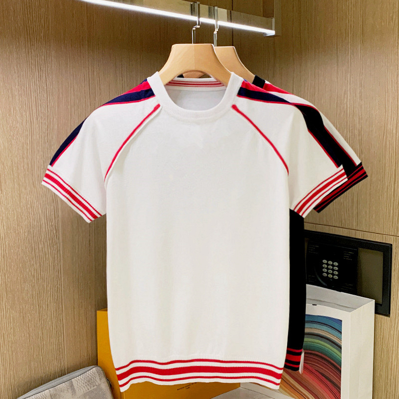短袖潮流青年拼色条纹t恤插肩袖