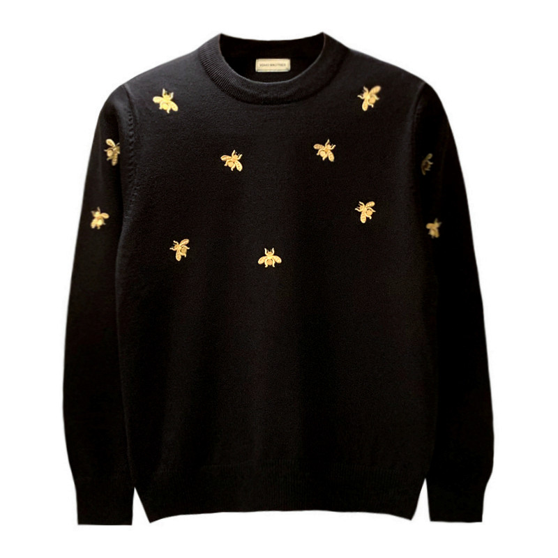 EUROPEAN STATION TIDE MENS PERSONALITY LIGHT LUXURY BASE KNITWEAR MENS BEE EMBROIDERY SLIM ROUND NECK SWEATER MENS AUTUMN AND WINTER