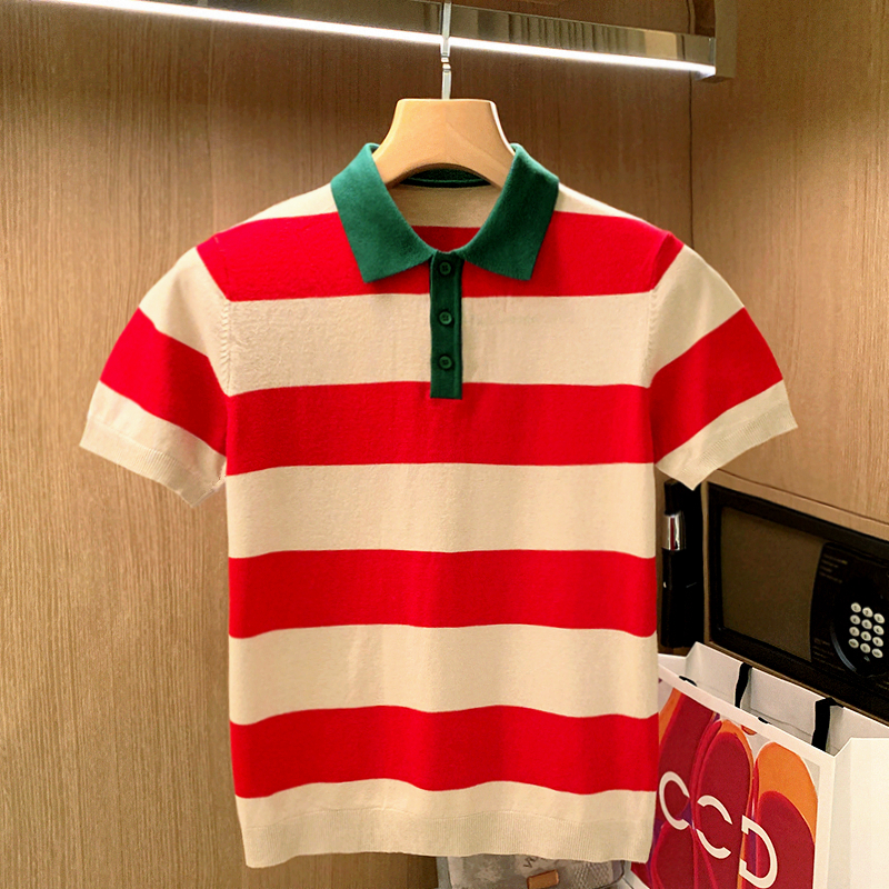 夏季拼色条纹针织衣服短袖polo衫