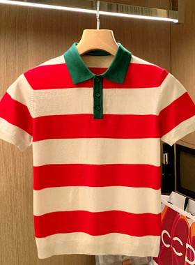 休闲高级拼色条纹翻领t恤男士短袖 夏季新款针织衫衣服polo衫男款