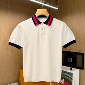 男 高级拼色翻领t恤针织短袖 休闲白色上衣修身 男士 夏季 polo衫 新款