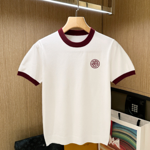 上衣短袖 欧美独特刺绣潮流拼色针织短袖 休闲白色修身 夏季 t恤男 男