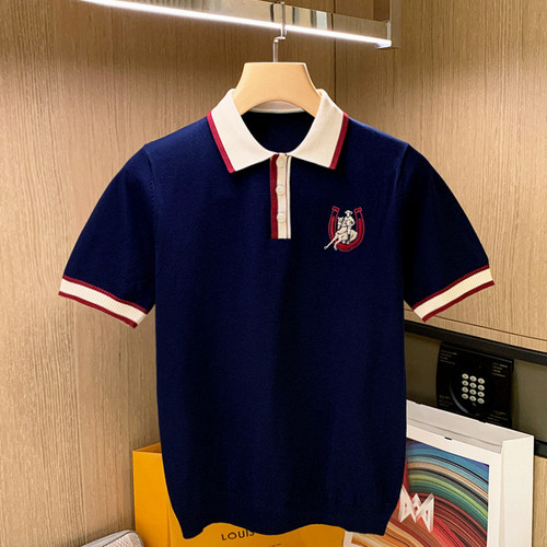 夏季短袖宴会拼色刺绣polo衫奢华