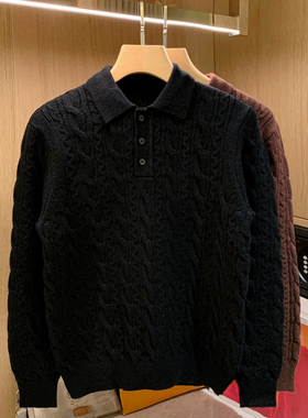 美式老钱风男士加厚保暖针织上衣时尚复古麻花编织翻领毛衣男冬季