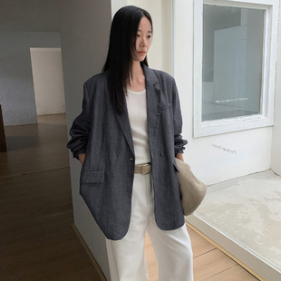 百搭显瘦上衣 木南复古亚麻西装 外套女2025秋季 新宽松款 垫肩阔版