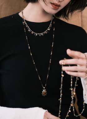 原创设计宫廷复古拉长石虎眼石可调节项链虎眼石毛衣链编织高级感