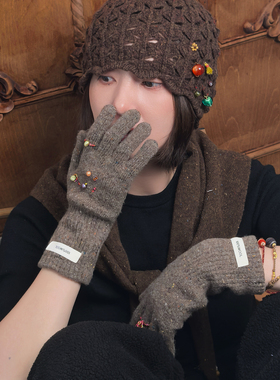 美拉德色系100%WOOL蝴蝶结手套ins羊毛针织手套可触屏保暖可爱