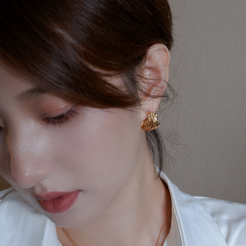 鸟巢素银耳环乱线质感耳饰