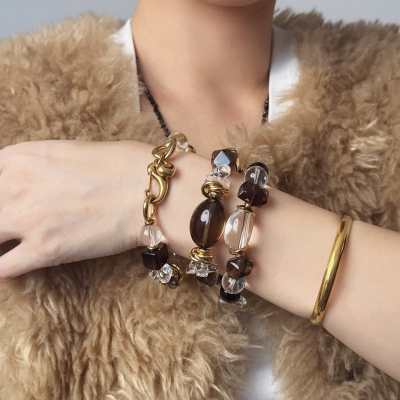 原创手作高奢高级感全净体白水晶烟晶设计款手串钛钢配件