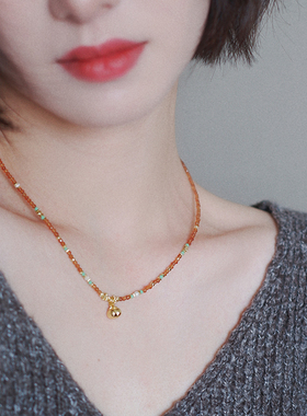 新中式原创设计款 橙石榴石小米珠项链 柿柿如意小提溜吊坠