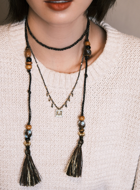 原创设计新中式缠绕编绳项链手工绘制琉璃吊坠流苏项链高级感