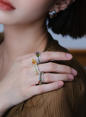 重工通体925银游牧风浮雕彩色毛线编织开口戒原创小众设计感秋冬