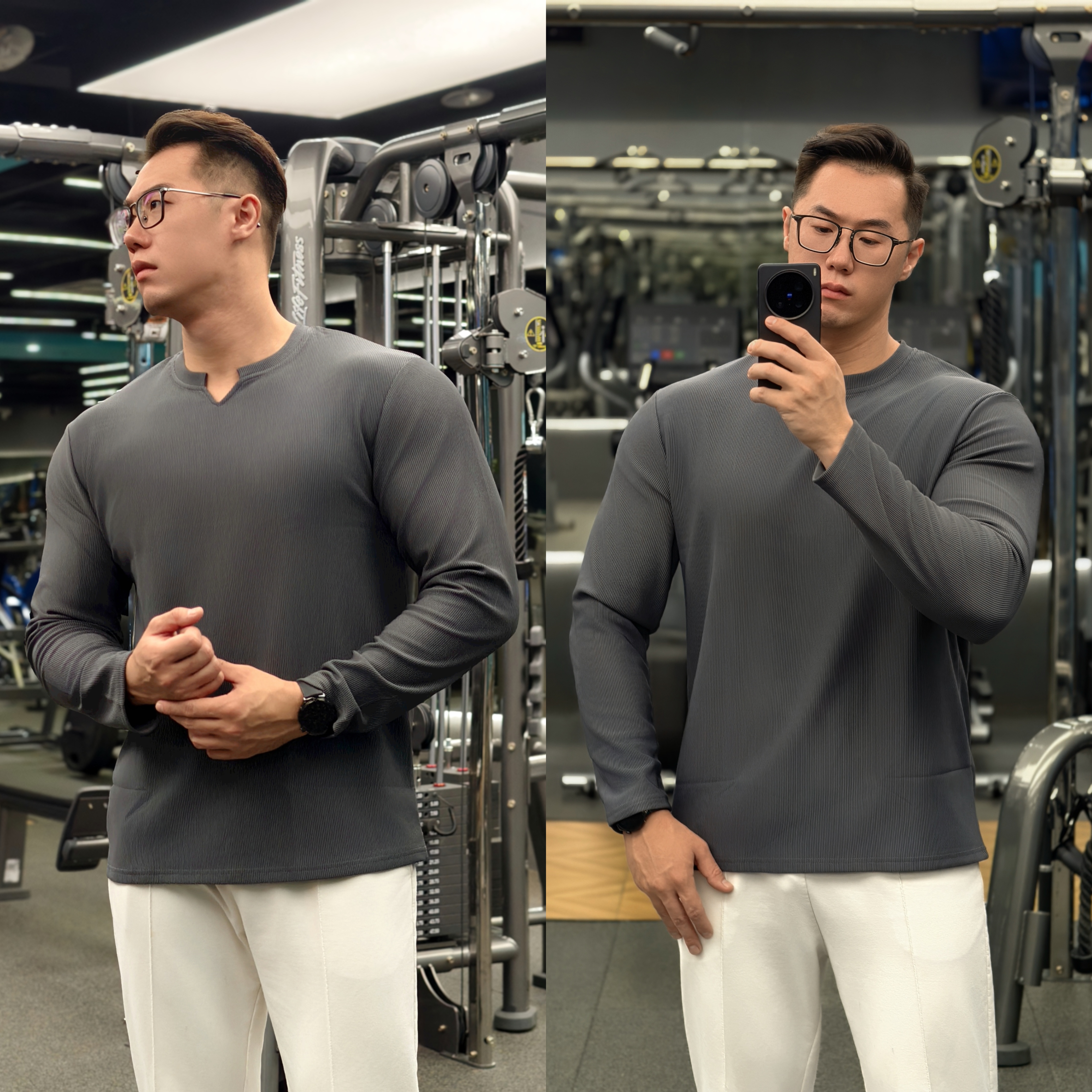 长袖男显肩纯色条纹T恤速干打底