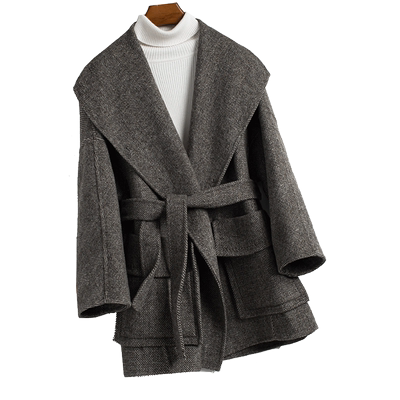 新款欧美风羊绒大衣系带短款风衣
