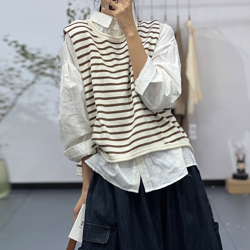 素凡卡初秋新款韩系小清新条纹圆领百搭套头针织衫宽松无袖背心女