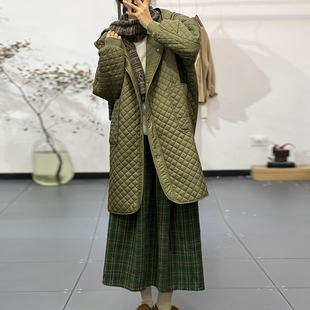 素凡卡冬款新品日系原宿宽松菱格净色中长外套百搭夹棉连帽棉服女