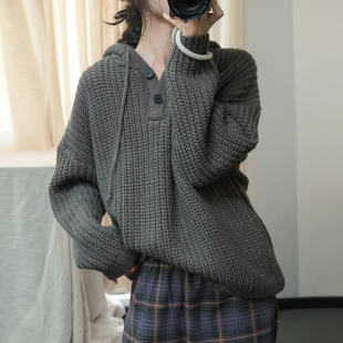 连帽卫衣 素凡卡秋季 新款 日系原宿半扣净色套头衫 宽松显瘦针织长袖