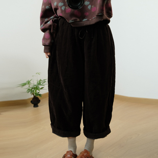 复古简约松紧腰纯色宽松保暖灯芯绒夹棉阔腿休闲裤 素凡卡冬季 新款