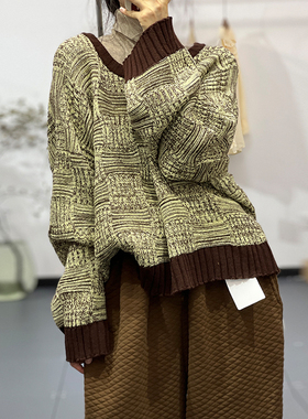 秋季新款素凡卡复古风文艺不规则撞色圆领衬衫宽松大码长袖针织衫