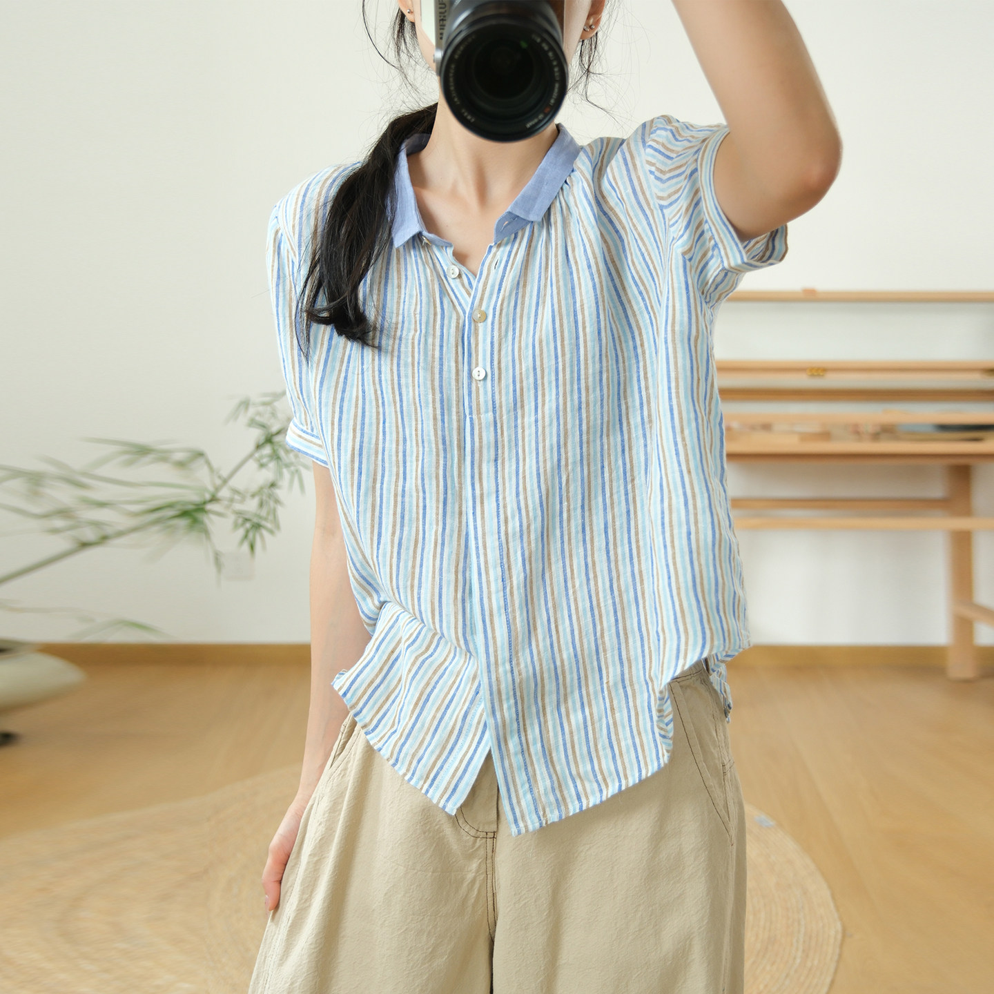 素凡卡夏季新款日系减龄翻领半开扣宽松舒适彩色条纹亚麻短袖衬衫