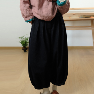 女 港味复古文艺松紧腰纯色宽松显瘦保暖夹棉牛仔裤 素凡卡冬季 新款