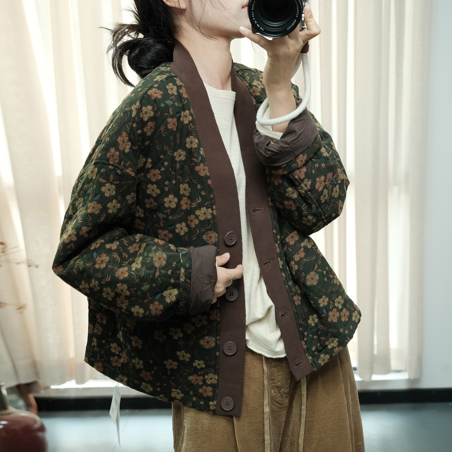 冬季棉衣女国风长袖V领棉服外套