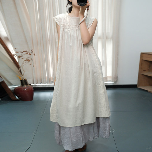 复古森系甜美蕾丝花边拼接连衣裙