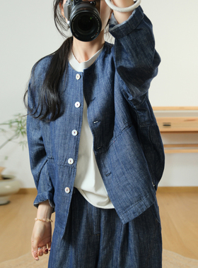 春季新款素凡卡复古文艺圆领创意拼接小众百搭宽松长袖牛仔外套女