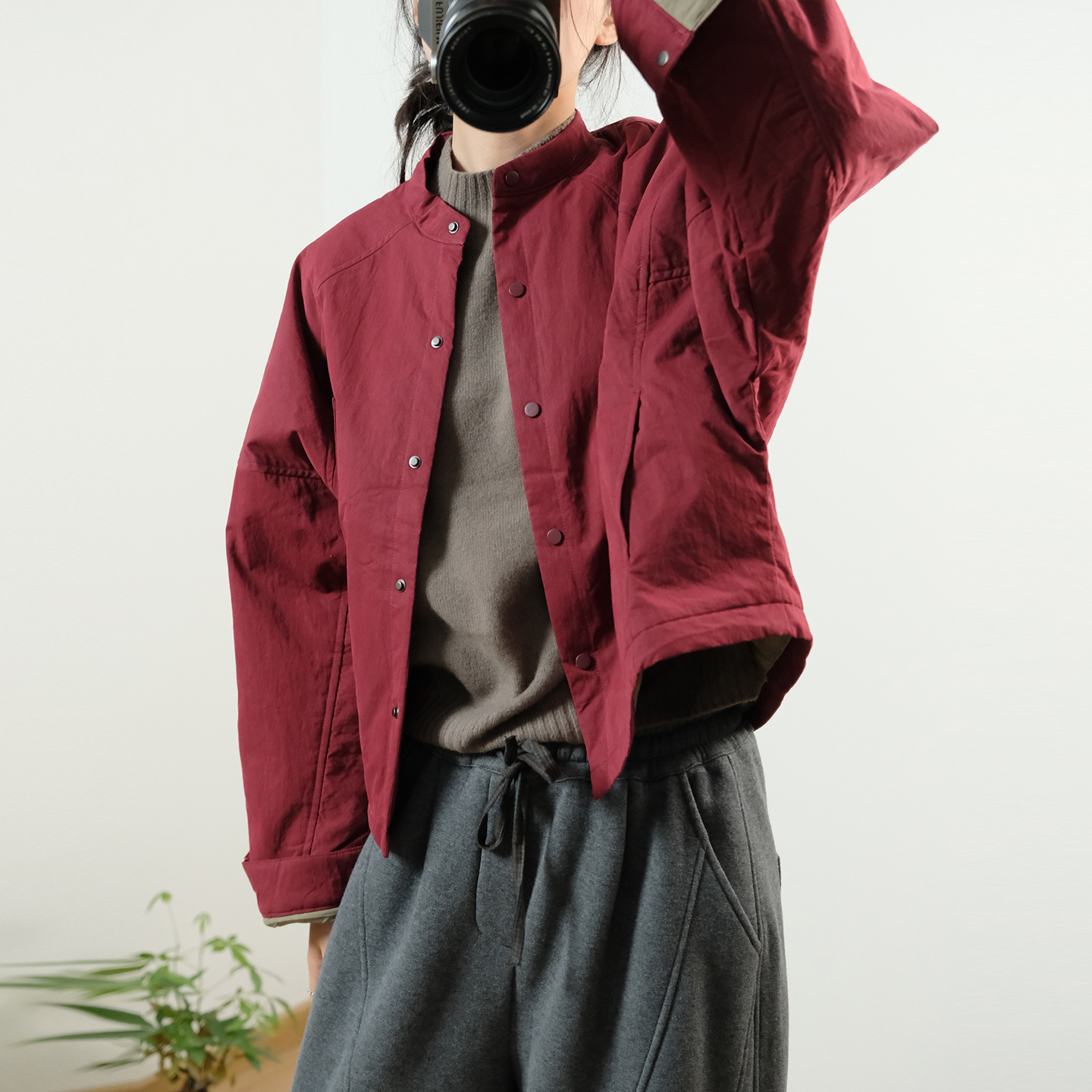 复古简约圆领棉衣外套