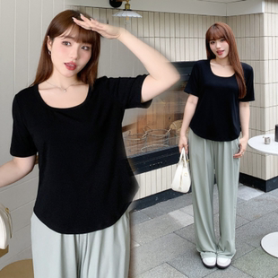 t恤女夏胖妹妹200斤宽松显瘦圆领百搭上衣 遮肚子正肩短袖 大码 女装